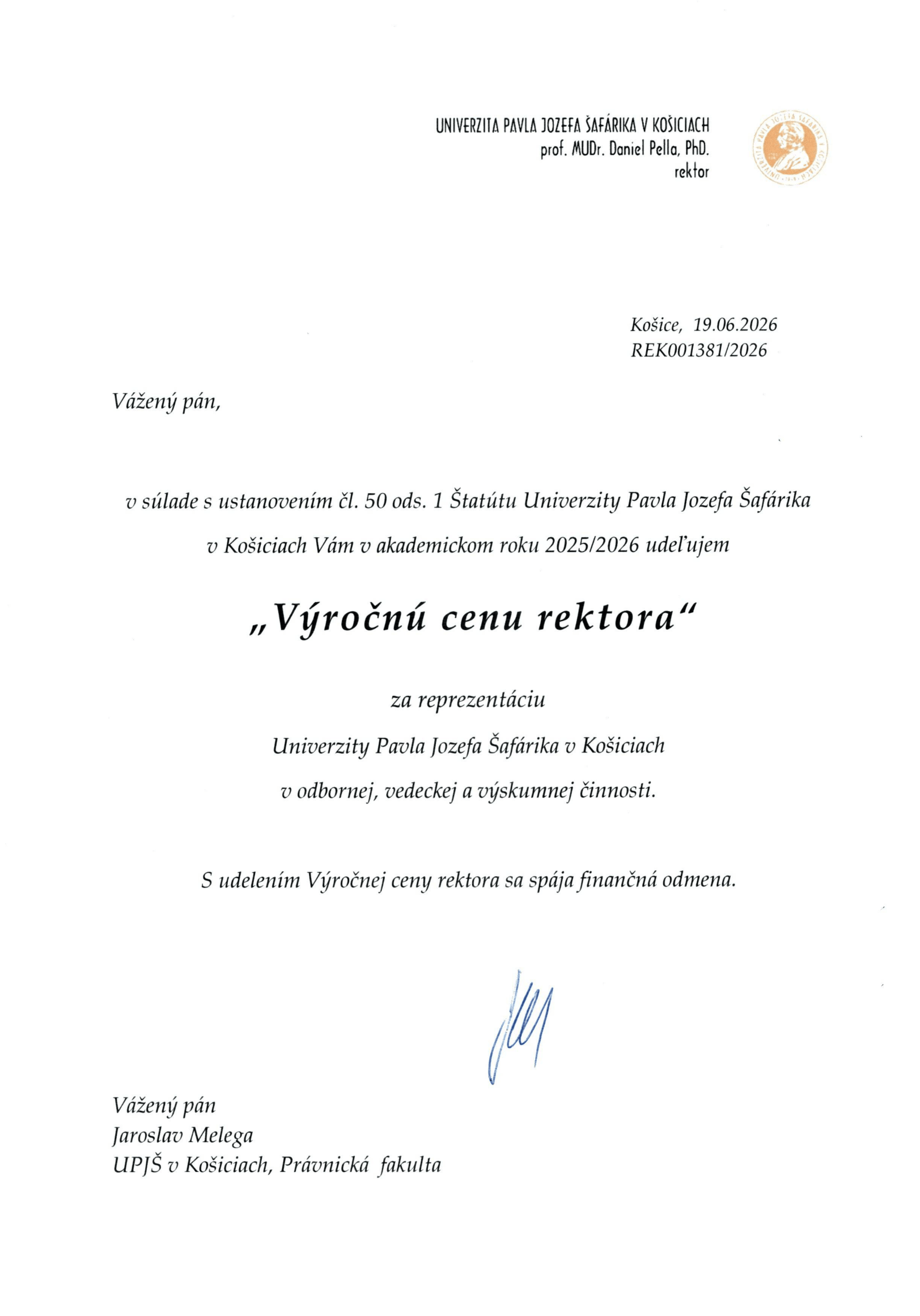 Výročná cena rektora 2026