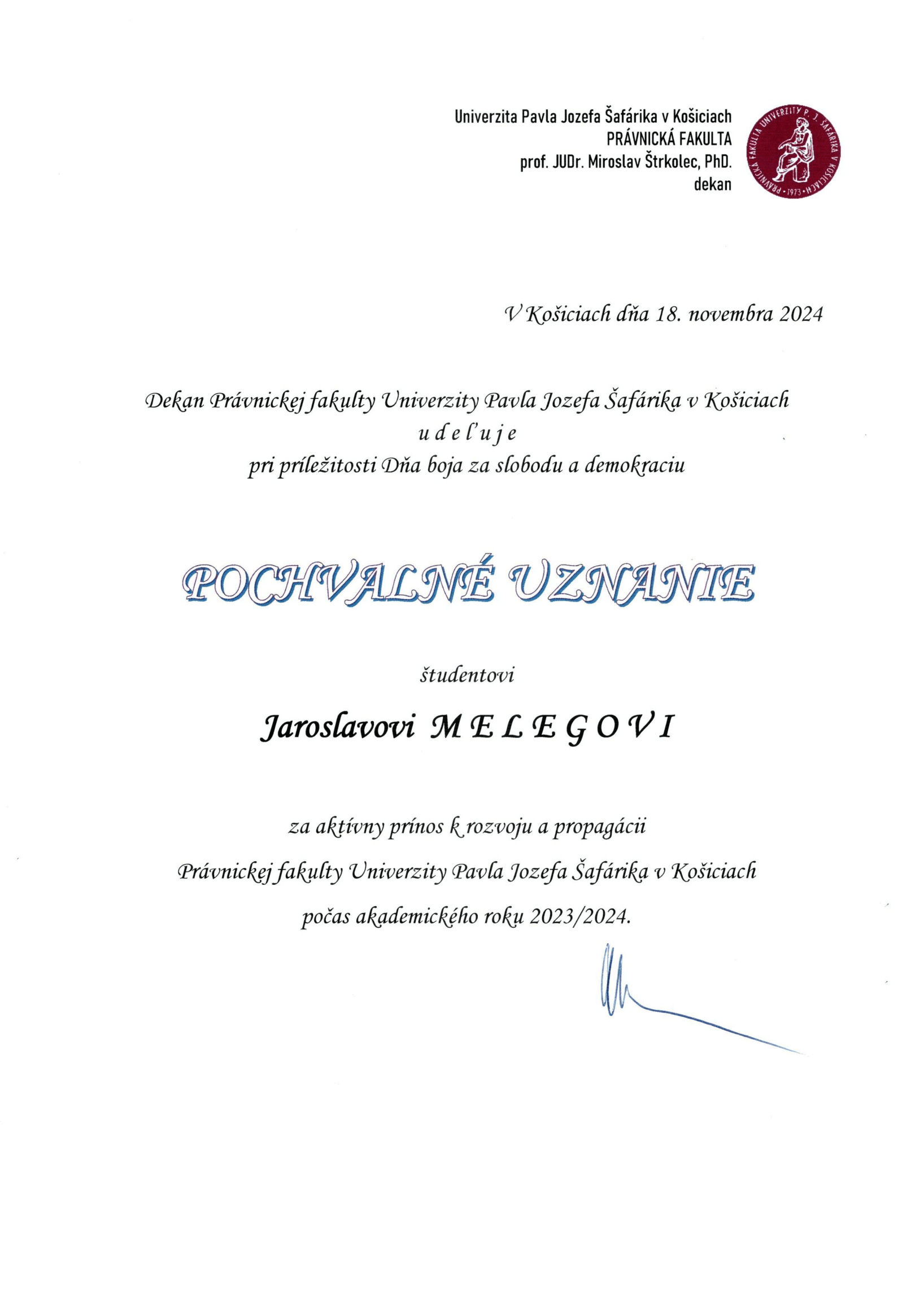 Pochvalné uznanie 2024